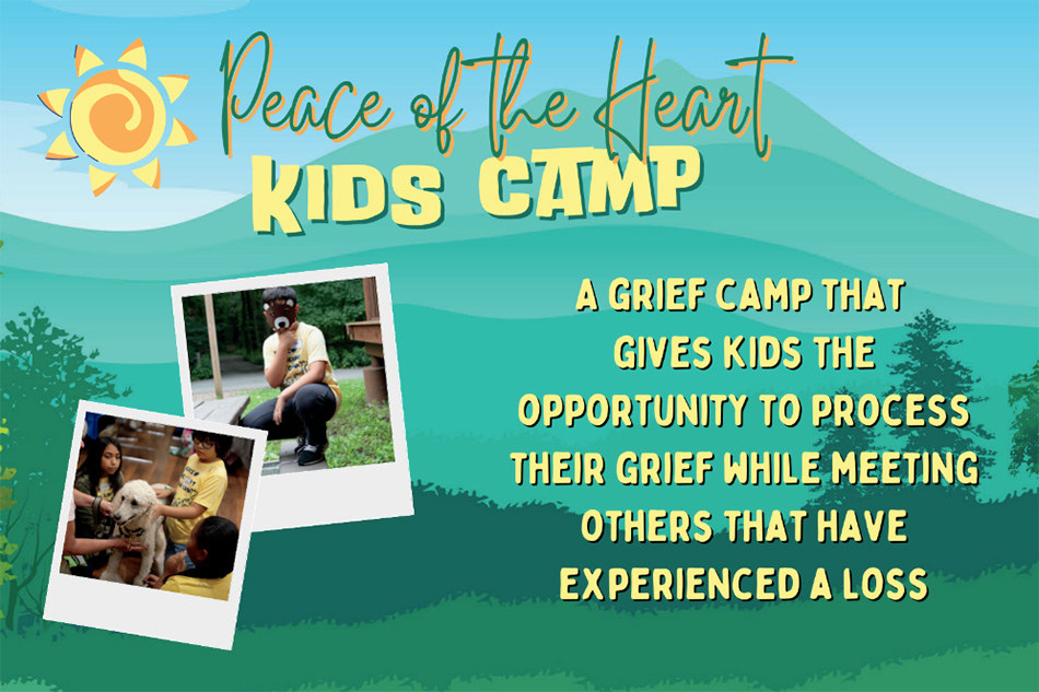 Peace of the Heart Kids Camp, green mountain illustration with the sun